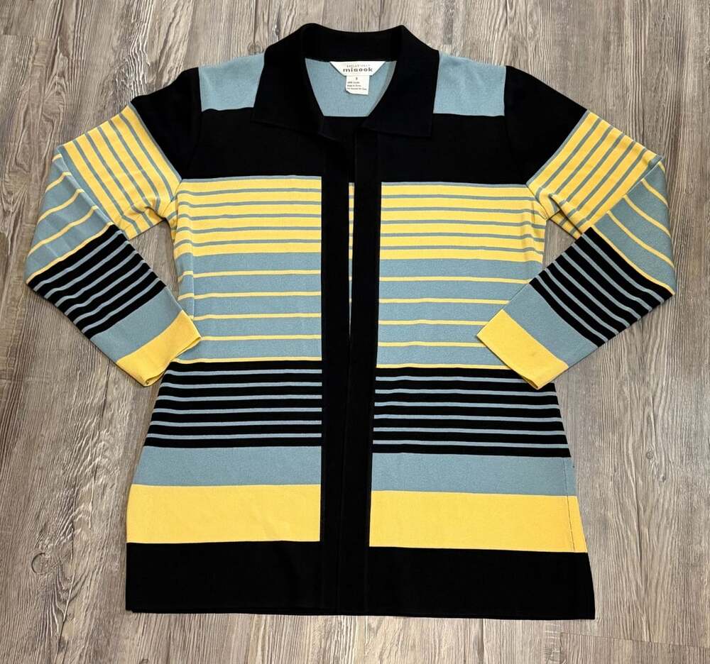 Exclusively Misook Cardigan Size S Black Blue Yellow Striped Knit
